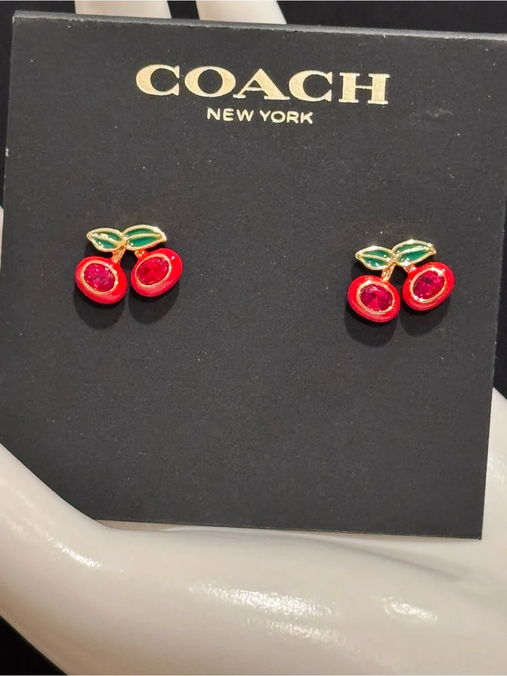 NWT Coach Cherry Stud Earrings Red Crystal Enamel Gold Tone F54514